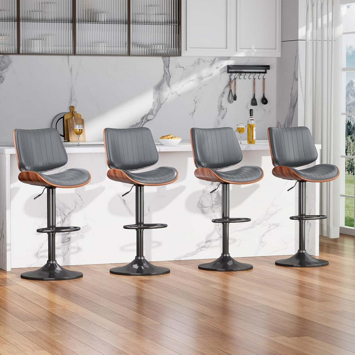 Swivel Bar Stools 4PCS, Adjustable Bentwood Barstools for Kitchen Counter