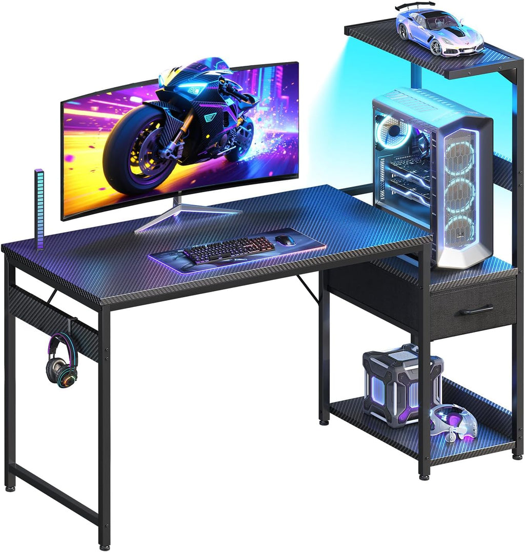 Casaottima 48'' Gaming Desk with LED Lights & CPU Stand, Reversible Computer Desk with Storage Shelves & Fabric Drawer, Modern PC Gamer Table with Headphone Hook, Carbon Fiber Black