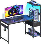 Casaottima 48'' Gaming Desk with LED Lights & CPU Stand, Reversible Computer Desk with Storage Shelves & Fabric Drawer, Modern PC Gamer Table with Headphone Hook, Carbon Fiber Black