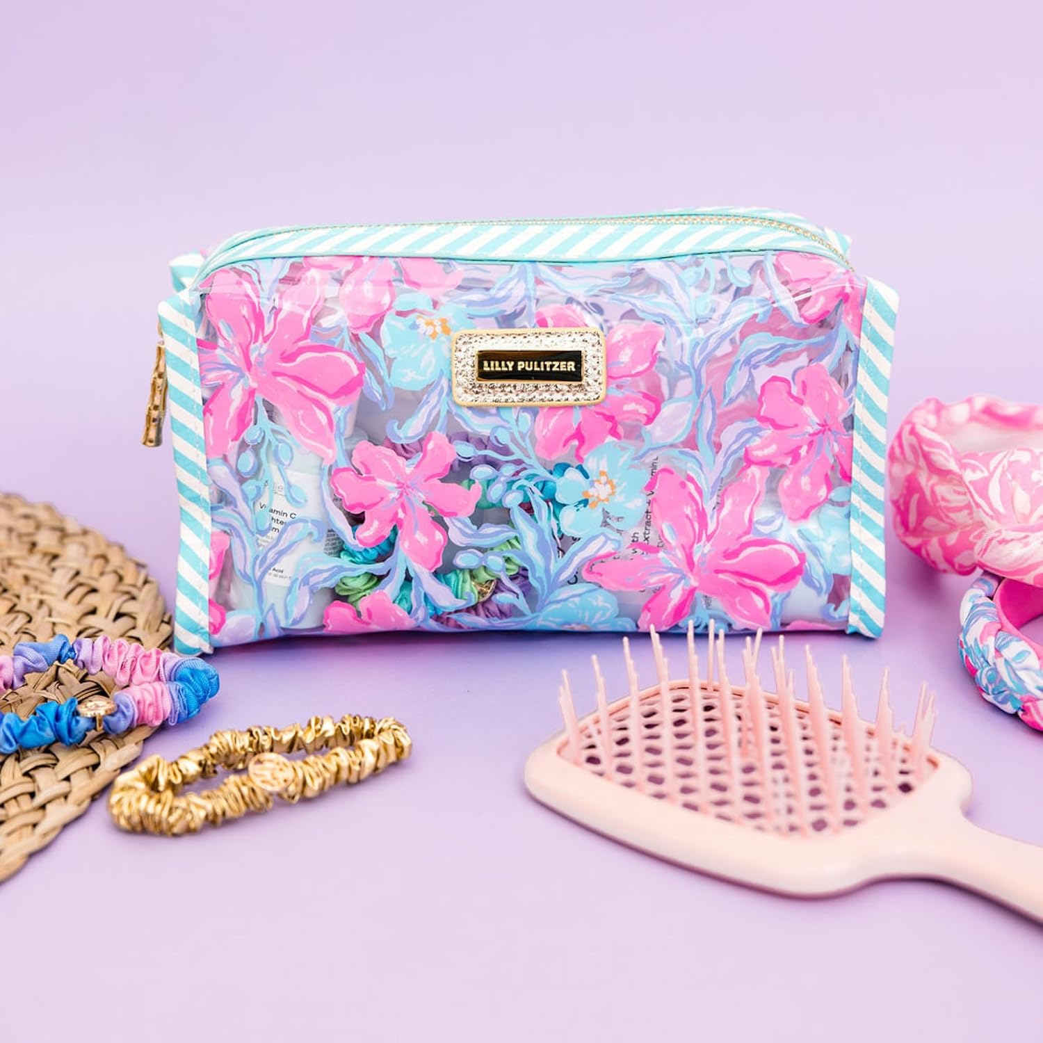 Lilly Pulitzer Vinyl Pouch, Beachside Haven | Cute, Semi-Clear, Water Resistant, Zipper Bag Pencil Case for Stationery, Small Toiletries, and Makeup