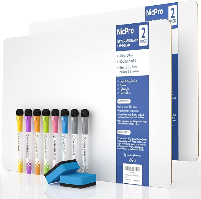Nicpro Dry Erase Lap Board 12 x 16 inches 2 Pack Kid Double Sided Blank Small by Nicpro