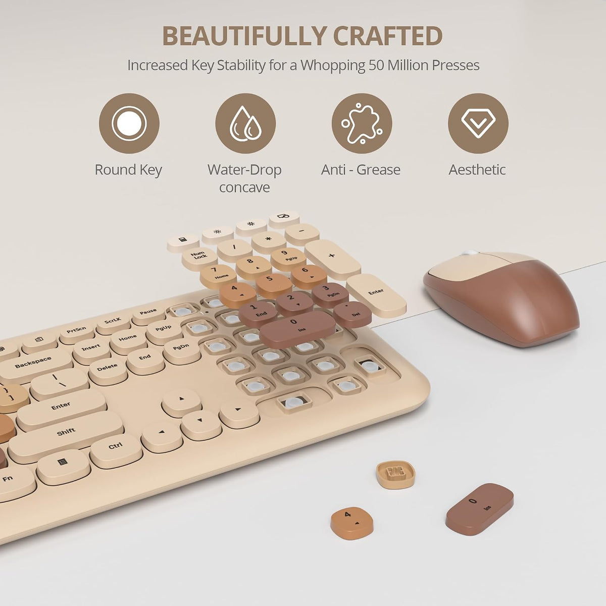 surmen Quiet Brown Keyboard and Mouse Wireless,Cute Neutral Keyboard,Coffee
