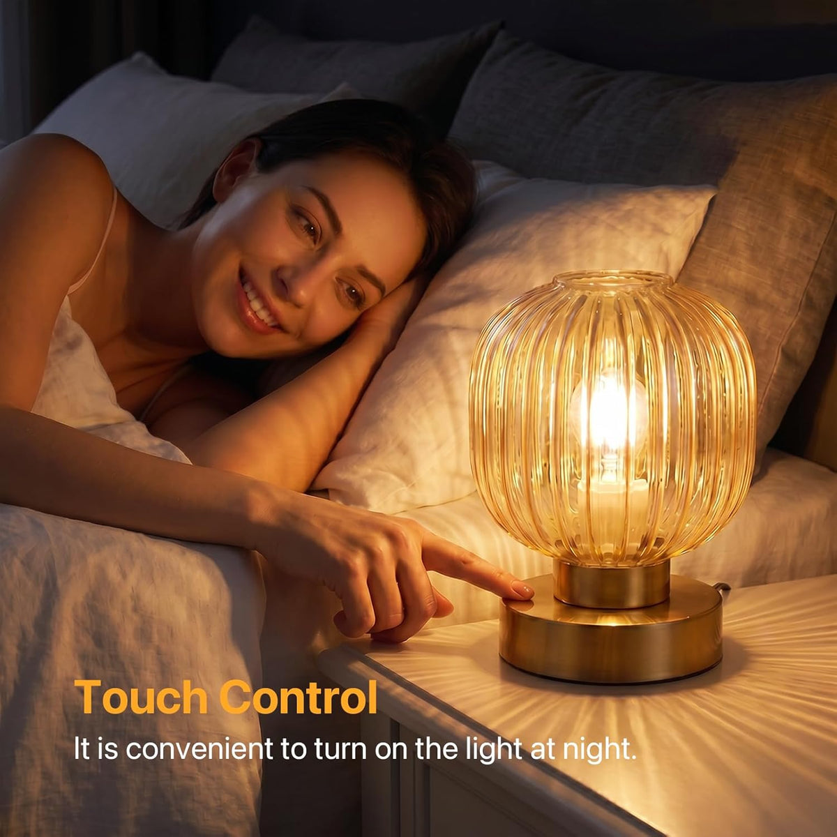 Elenhome Amber Touch Glass Table Lamp, 3-Way Dimmable Bedside Lamp, Vintage M...
