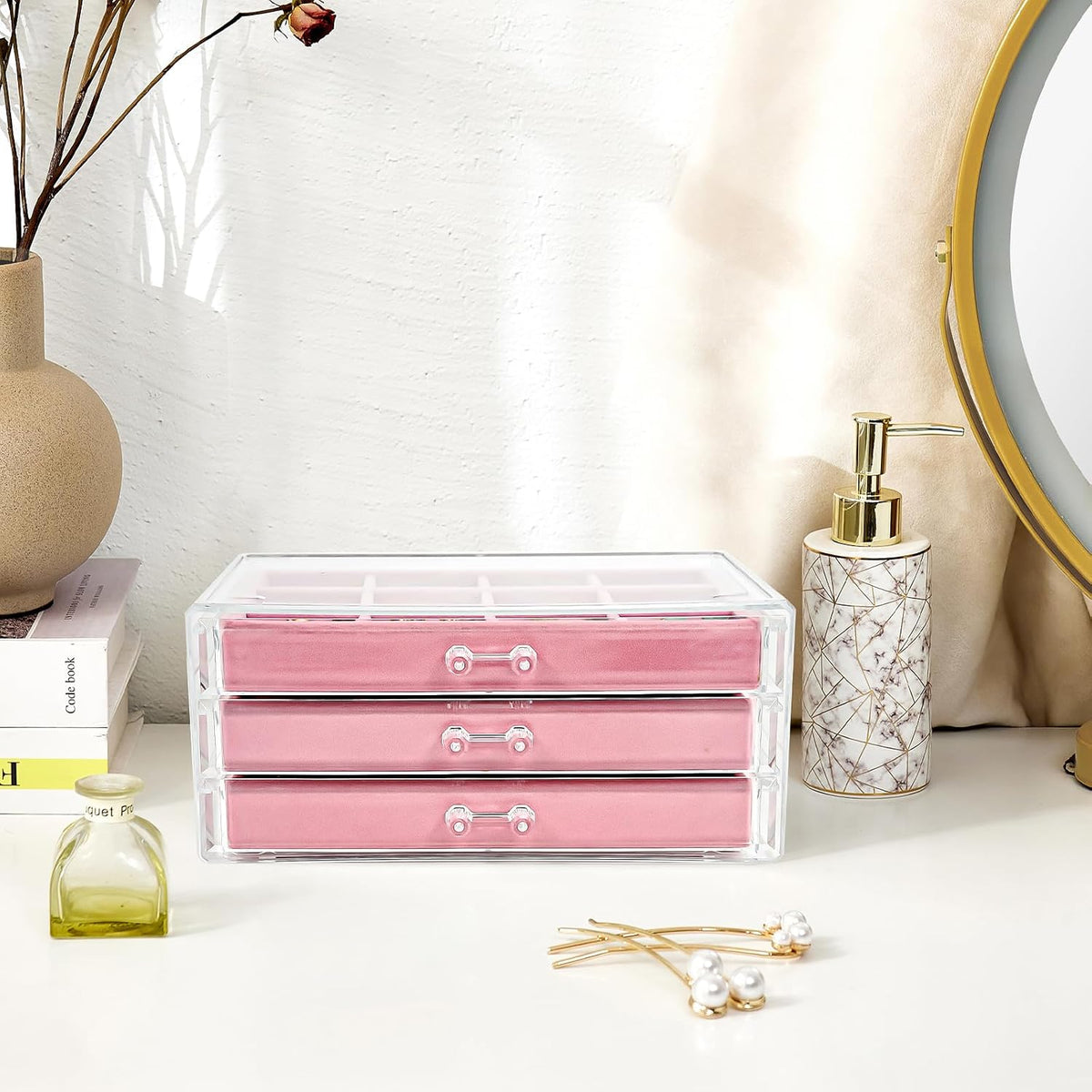 ProCase Earring Holder Organizer Jewelry Box with 3 Drawers, Pink
