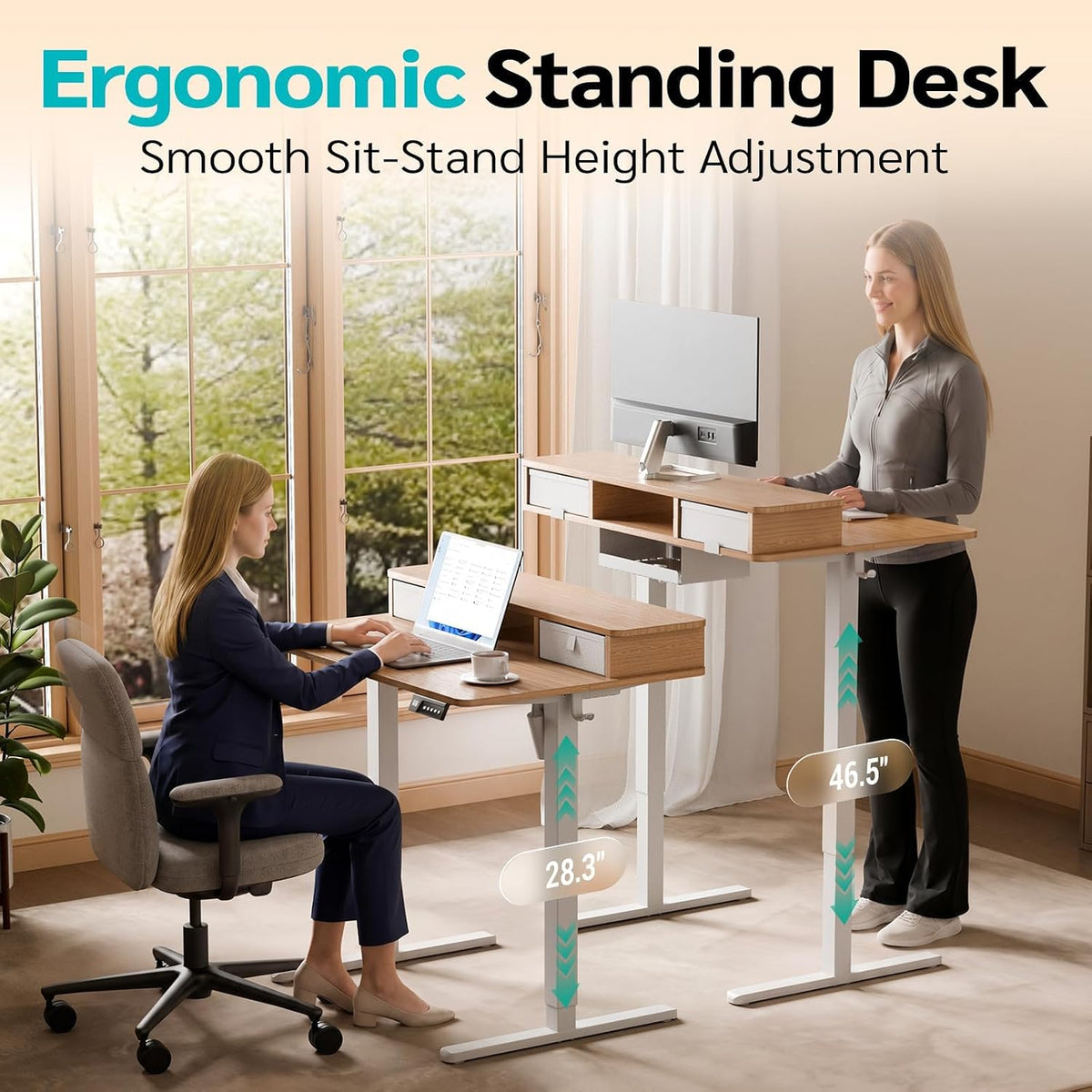 35" x 24" Electric Standing Desk with Dual Drawers, Light Walnut