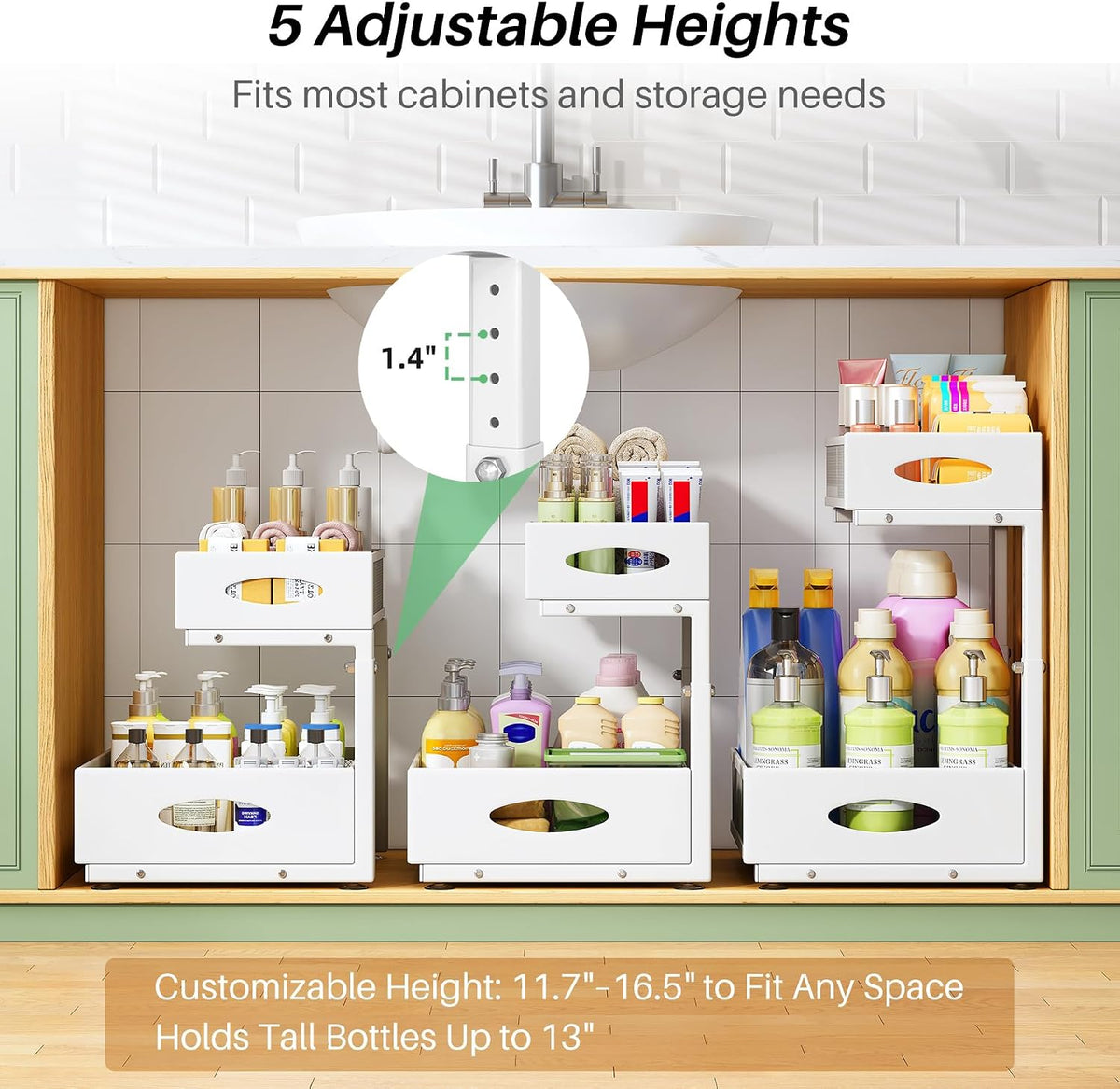 Under Sink Organizer, 2-Pack Pull Out Cabinet Organizer 2 Tier Metal Slide Ou...