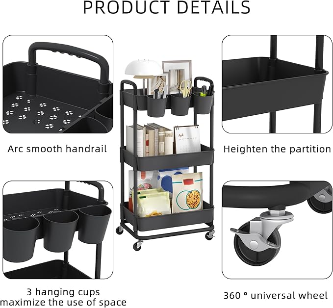 JIUYOTREE 3-Tier Plastic Rolling Storage Cart Utility Cart - Image 7