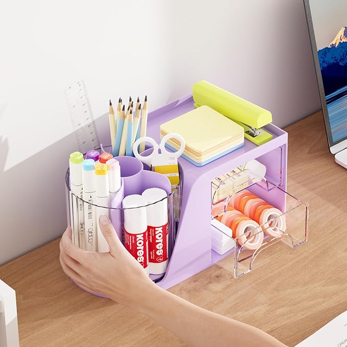 Marbrasse Desk Organizer with 2 Drawer, 360°Rotating Pen Holder, Desk - Image 6