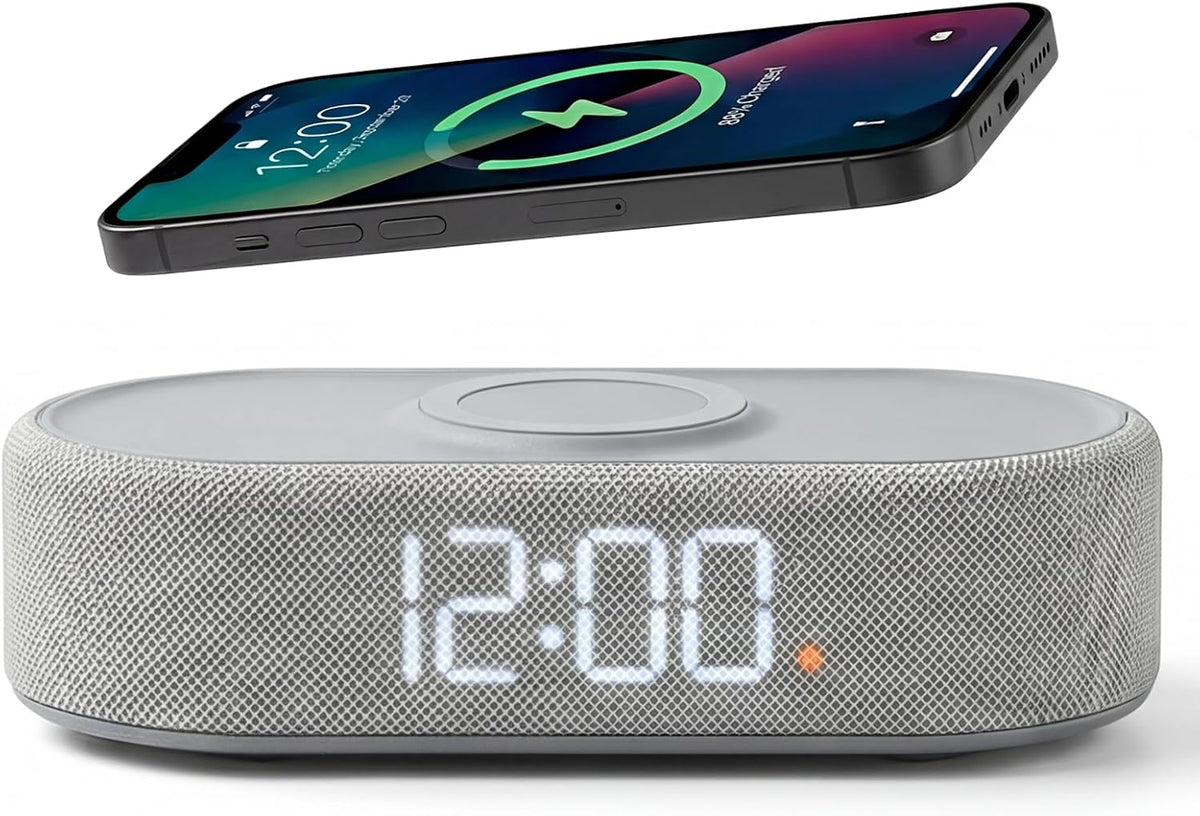 fabric digital alarm clock for bedroom, wireless charging, main product view