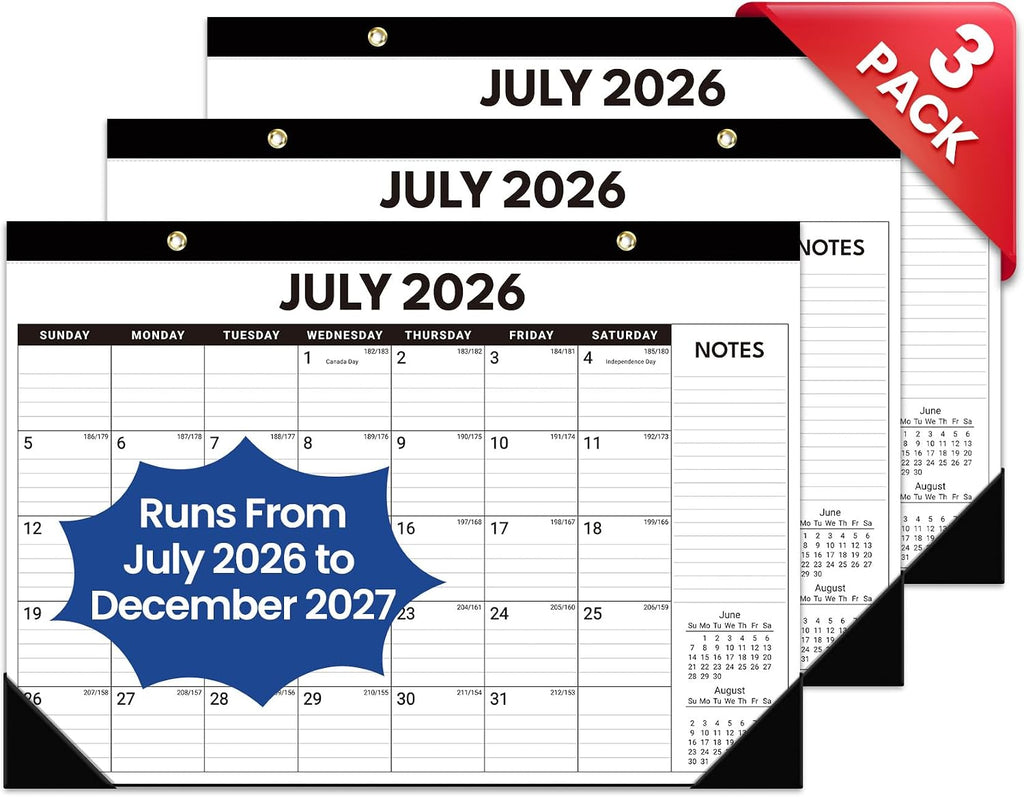 3 Pack of Desk Calendar 2026-2027, Jul 2026-Dec 2027, 17" x 12" | 18-Month Large Monthly Desktop & Wall Calendar for Home & Office Planning and Organization, Black