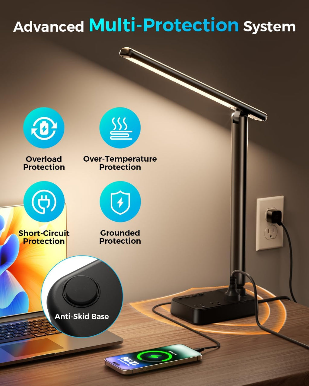 led desk lamp with power strip, 3 ac showing dimensions