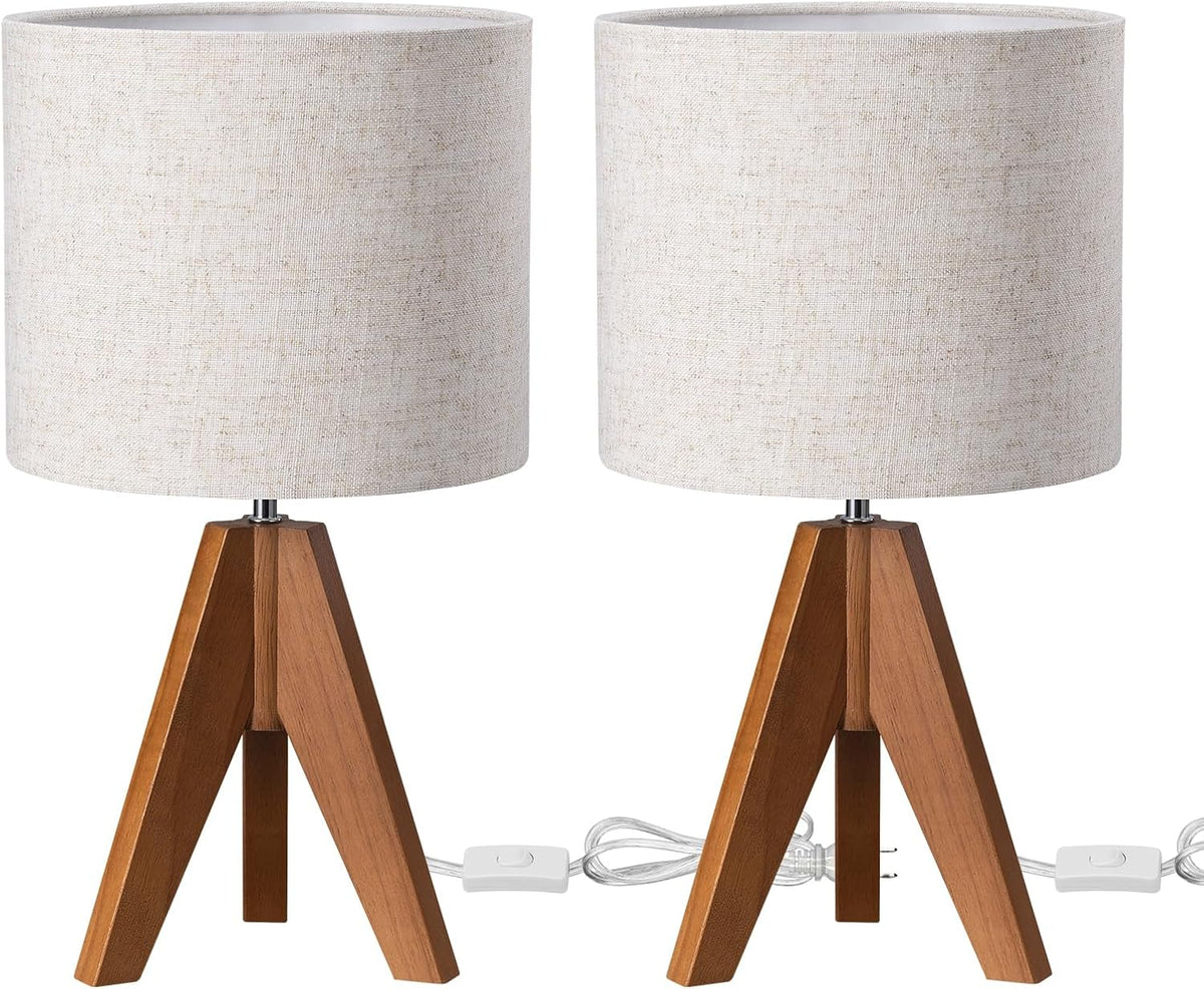 EDISHINE Small Table Lamp, Wooden Tripod Nightstand Lamp, 14.2", 2 Pack