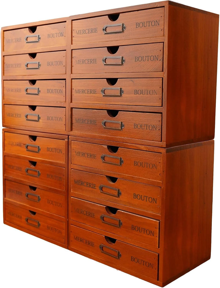 Stackable Apothecary Cabinet, 16 Drawer Wooden Storage I Vintage Card Catalog Style Organizer for Coins, Trading Cards, Crafts & DMC Floss I Multi Drawer Modular Wood Desk Cabinet w/Label Holders