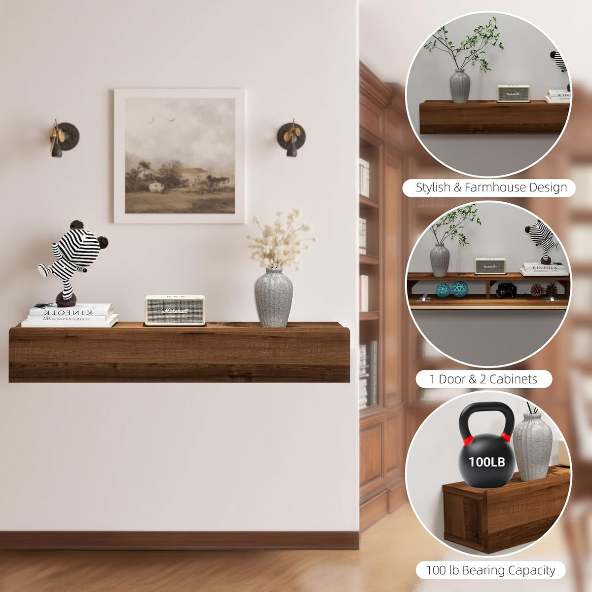 Floating Solid Wood Console Table, 32'' Wall Mounted Narrow Entryway ...