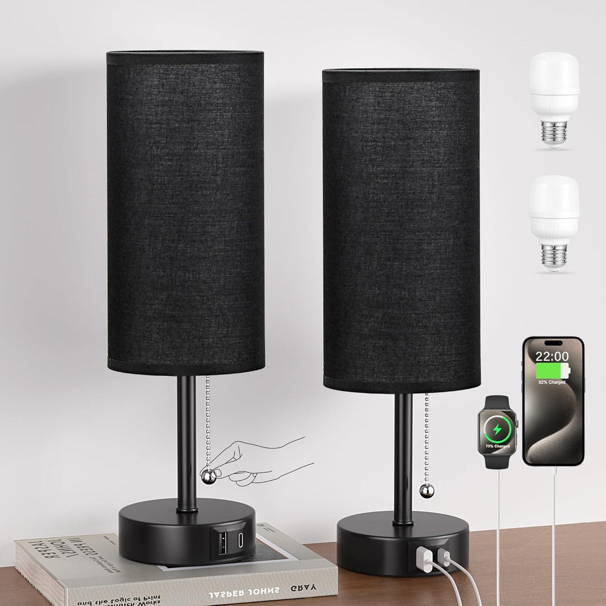 Black Bedside Lamp for Bedroom Nightstand - Small Table Lamp Set of 2