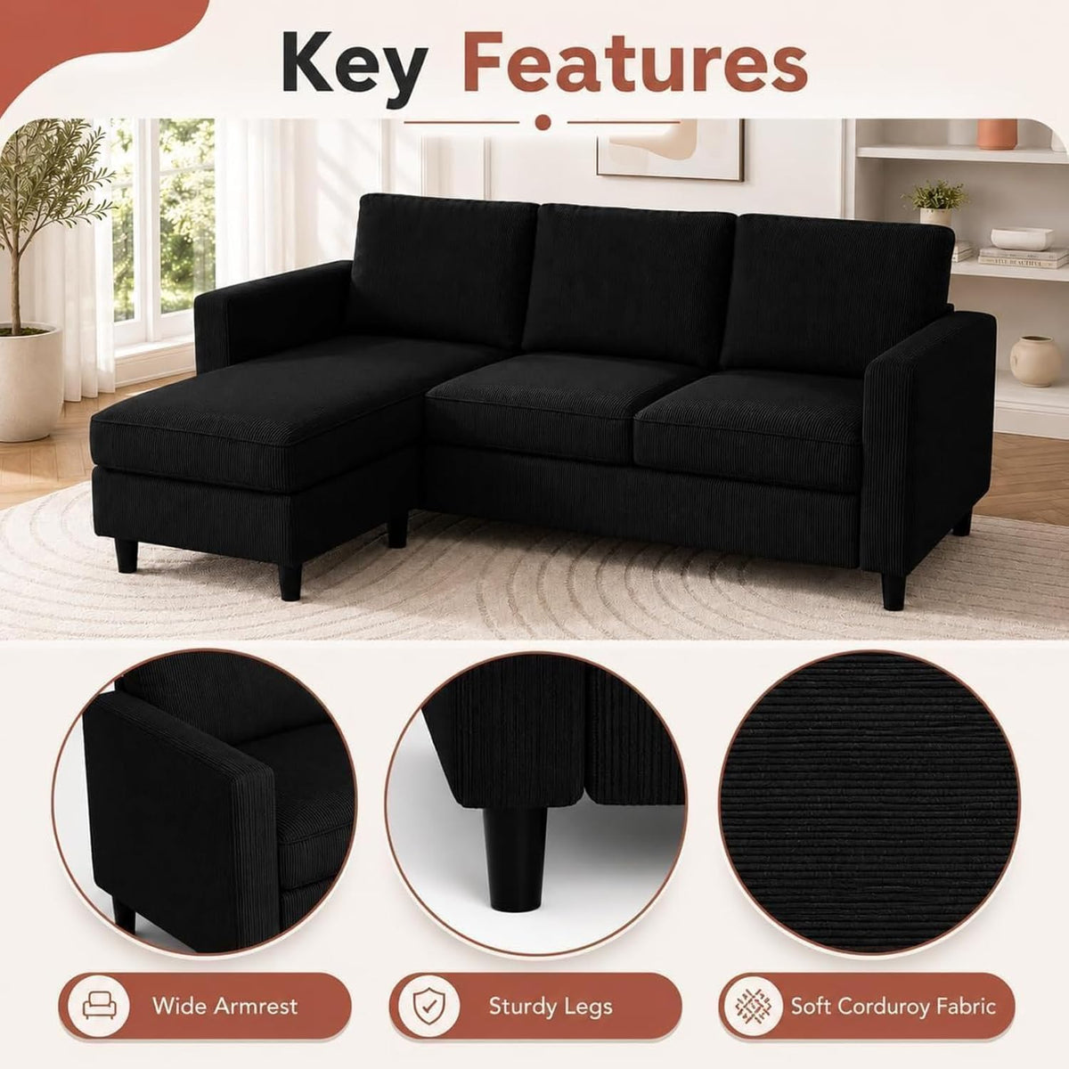 Nuturelly 73.6" L-Shaped Small Sectional Couch with Ottoman, Black