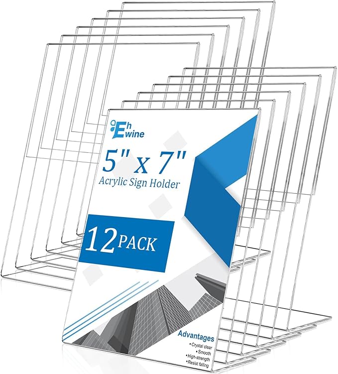 EHWINE 12 Pack 5 x 7 Acrylic Sign Holder, Vertical Slanted Back Paper Holder by EHWINE