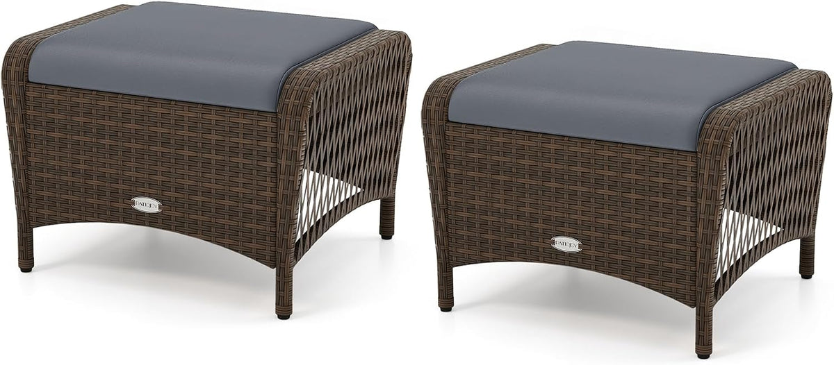 Tangkula 2 Pieces Patio PE Wicker Ottomans (Grey, 17 inch)