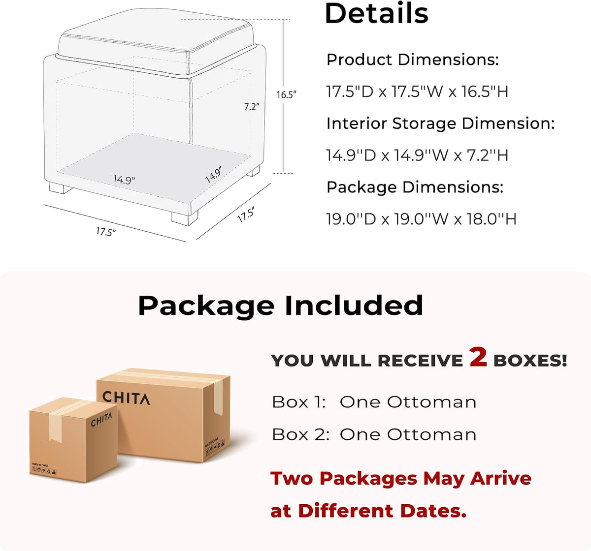 CHITA Storage Ottoman Cube with Tray Lid, Set of 2, Small Footstool with Stor...