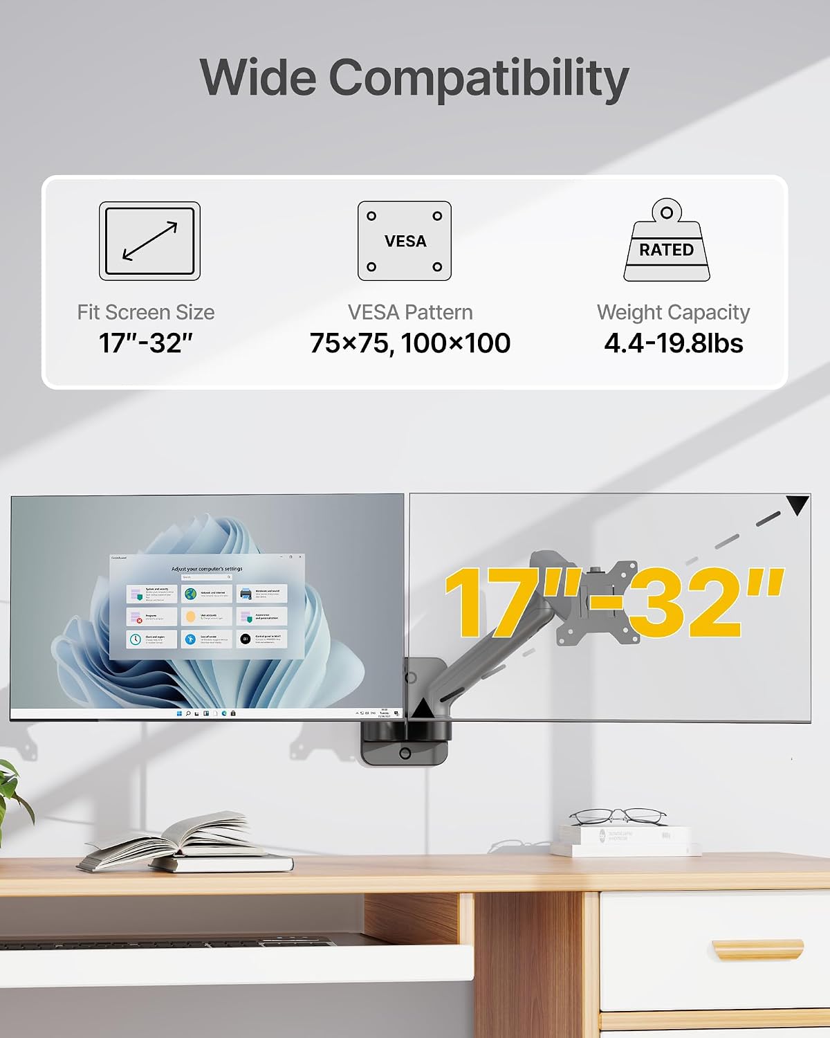 monTEK Dual Monitor Wall Mount, Full Motion Spring Arm for 17-32" Screen