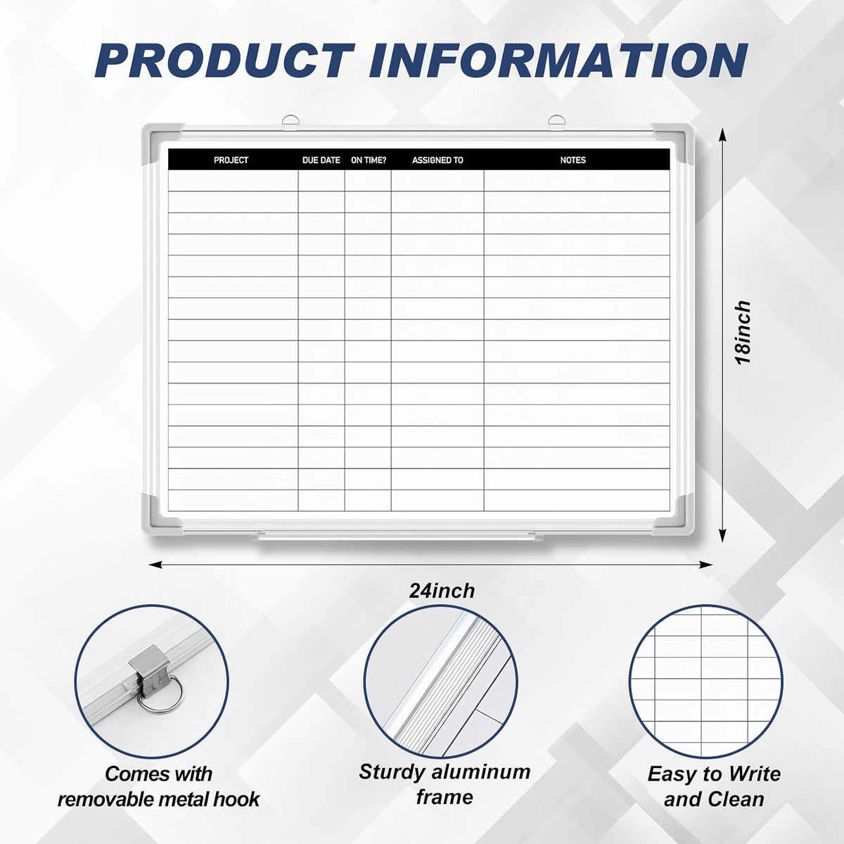 Lincia Lined Dry Erase Board for Office, Project Planning Board, 24"x18&...