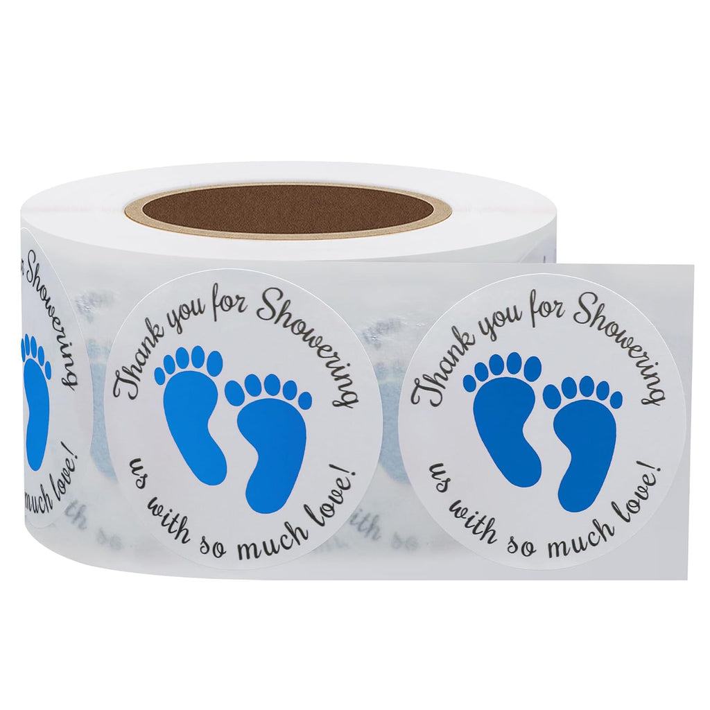 Hybsk 1.5 Inch Round Baby Shower Stickers, Thank You for Showering Us with So Much Love Blue Foot Print Total 500 Labels Per Roll (Blue Footprint)