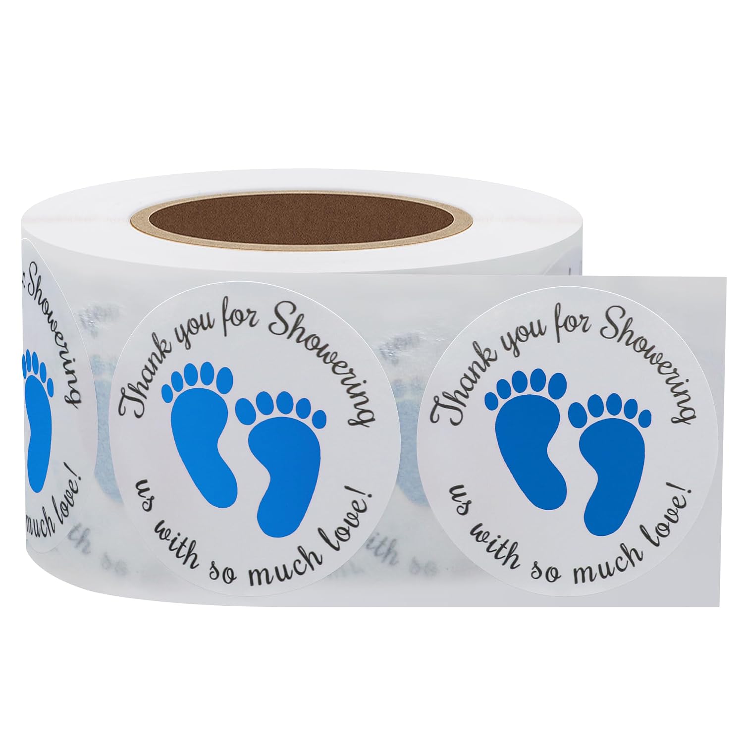 Hybsk 1.5 Inch Round Baby Shower Stickers, Thank You for Showering Us with So Much Love Blue Foot Print Total 500 Labels Per Roll (Blue Footprint)