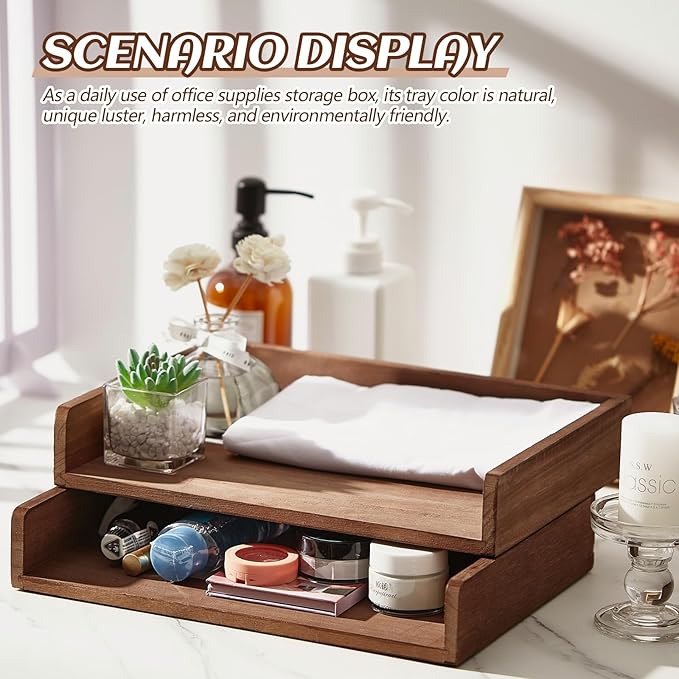 Yeaqee 4 Pcs Stackable Paper Organizer Tray Wood Desk Organizer Letter Tray - Image 5