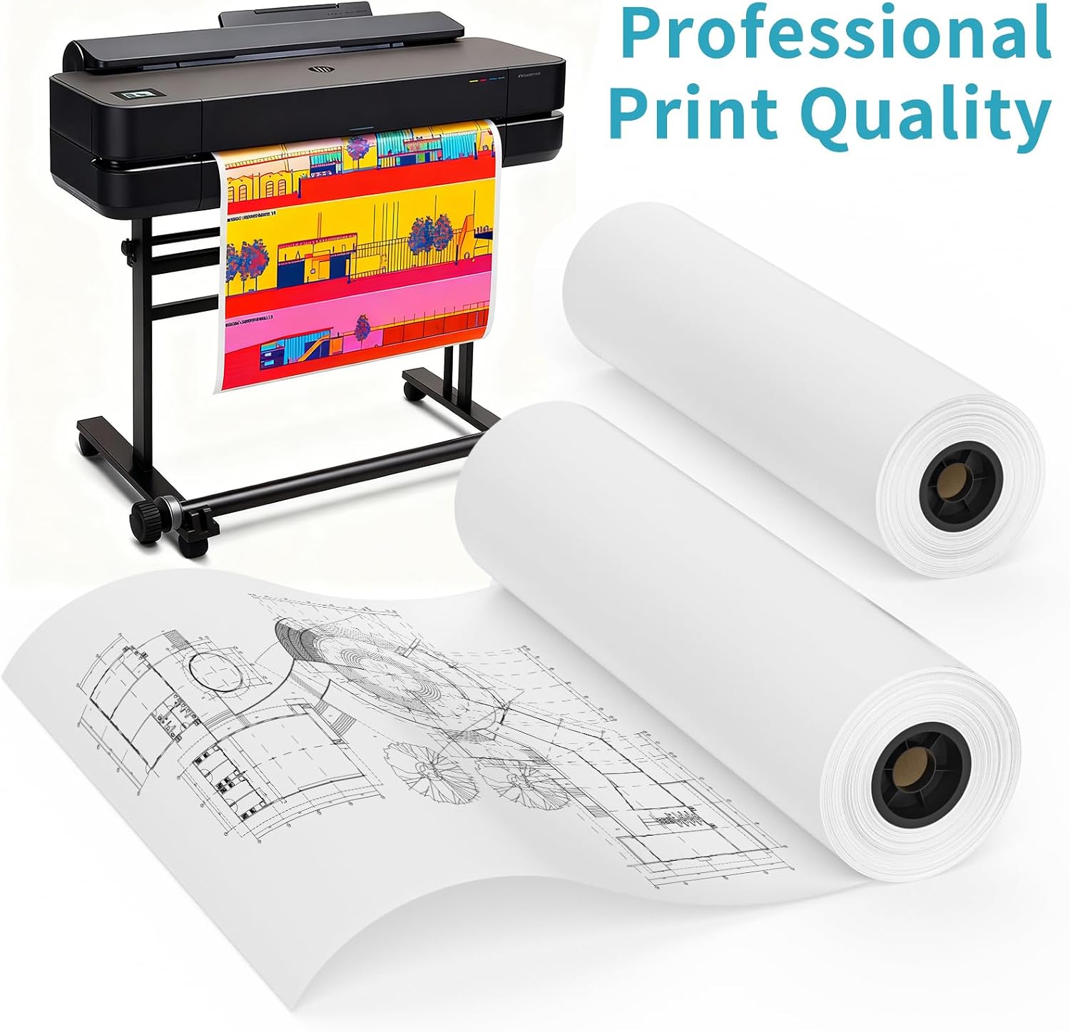 Wide Format Paper 36" x 150',2 Rolls Plotter Paper for CAD Printing on Wide Format Ink Jet Printers，20lb 2"Core CAD Bond Rolls