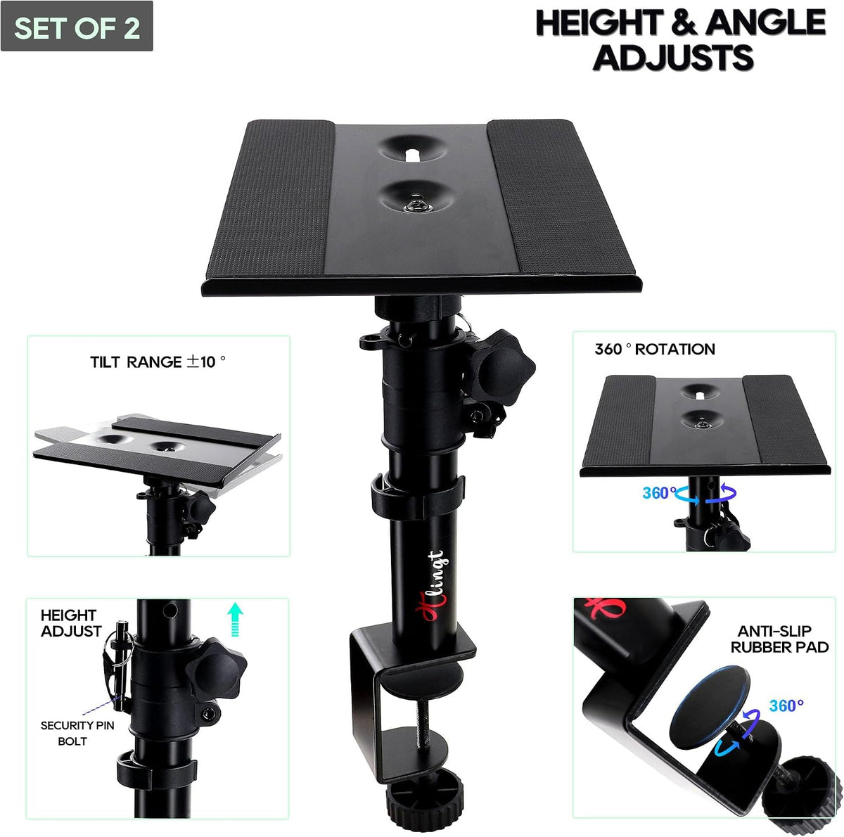 Tlingt Clamp-on Desktop Speaker Stand Pair, for 3"-4" Speakers