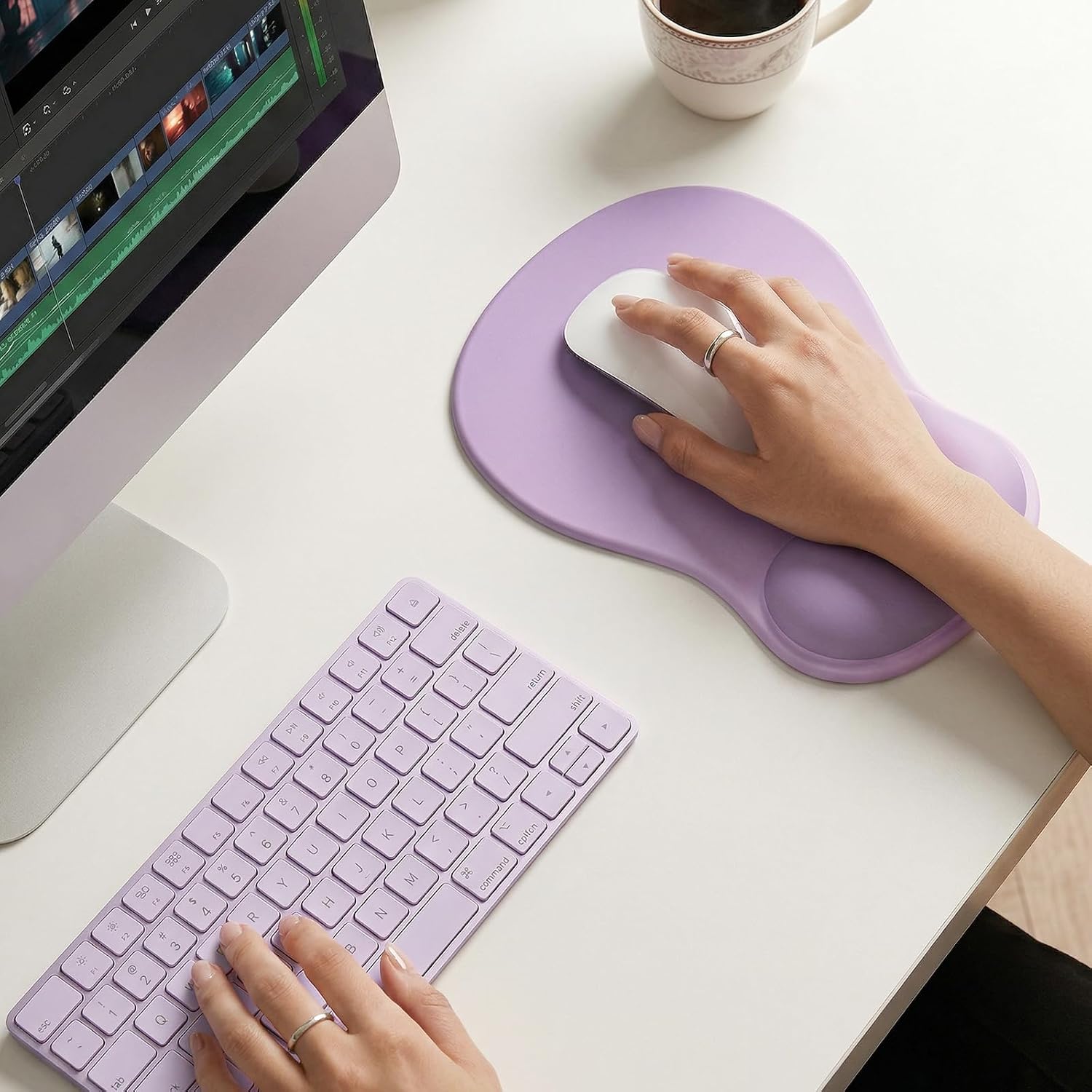 Ergonomic Mouse Pad with Gel Wrist Rest, Comfortable Cute Mousepad | with Non-Slip PU Base, Waterproof & Washable Surface, Purple Mouse Pad for Office, Home, Gaming, Computer, Laptop