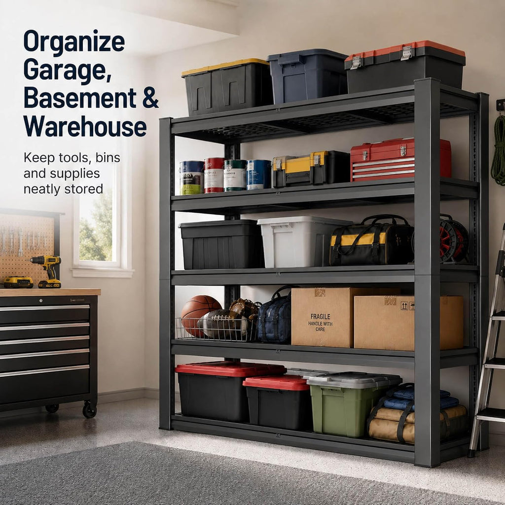 tote storage rack, garage shelving heavy-duty storage bin on a desk or shelf