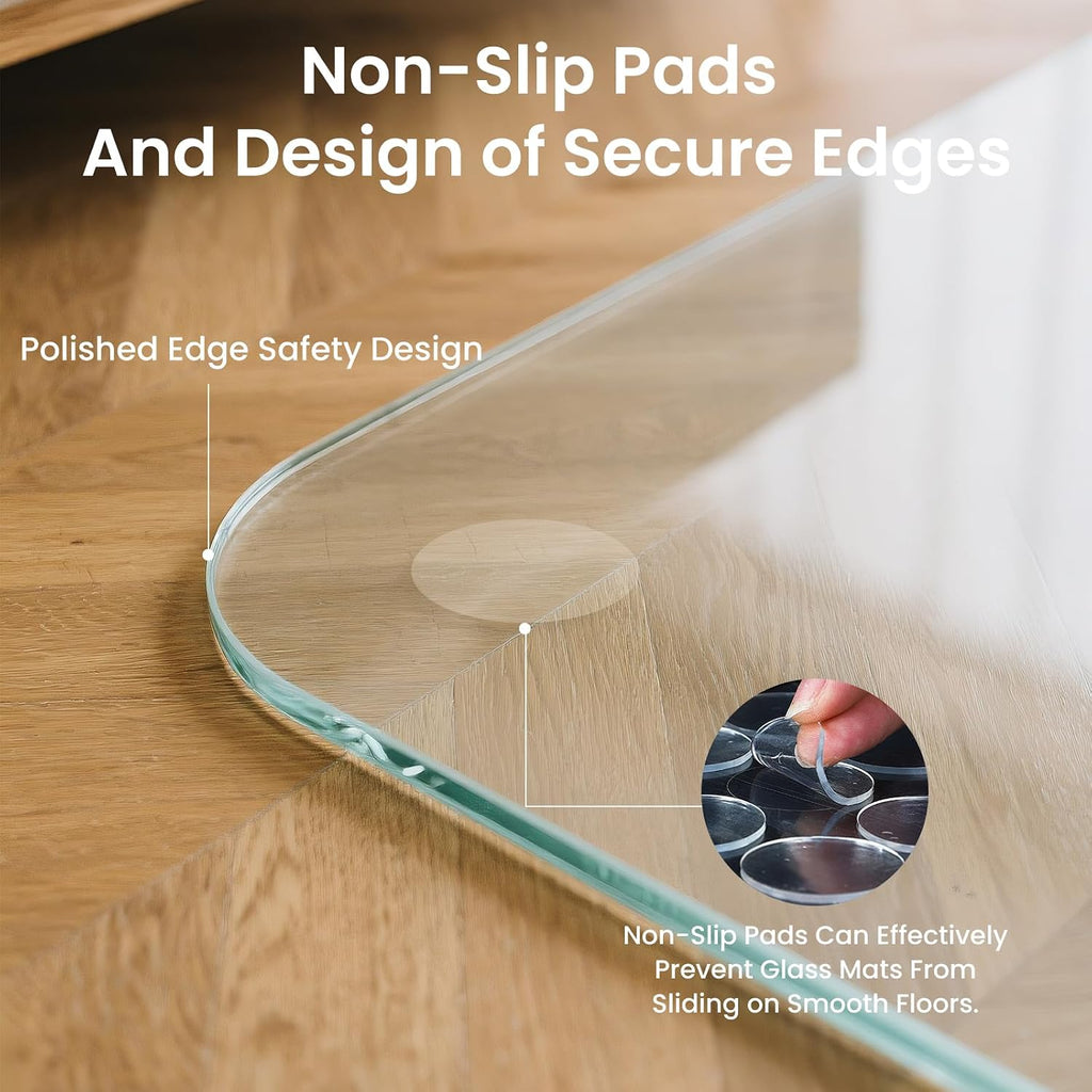 Tempered Glass Chair Mat, 48" x 31" Glass Office Chair Mat, 1/5" Thick Clear Floor Mat with Anti-Slip Pads, Heavy Duty Glass Mat for Carpeted and Hard Floor