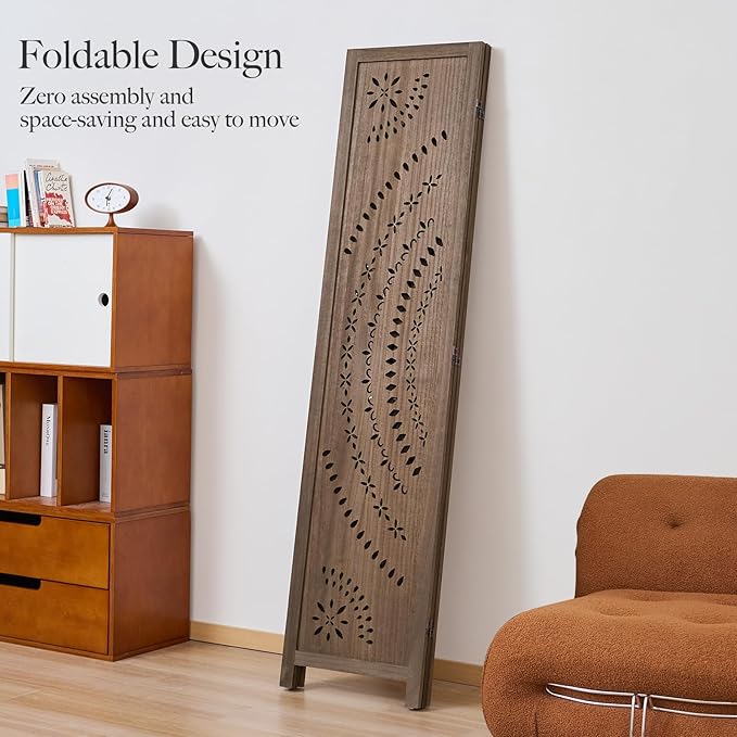 66.9Inch Folding Room Divider, 3 Panels Wood Carved Privacy Screens, Free - Image 6