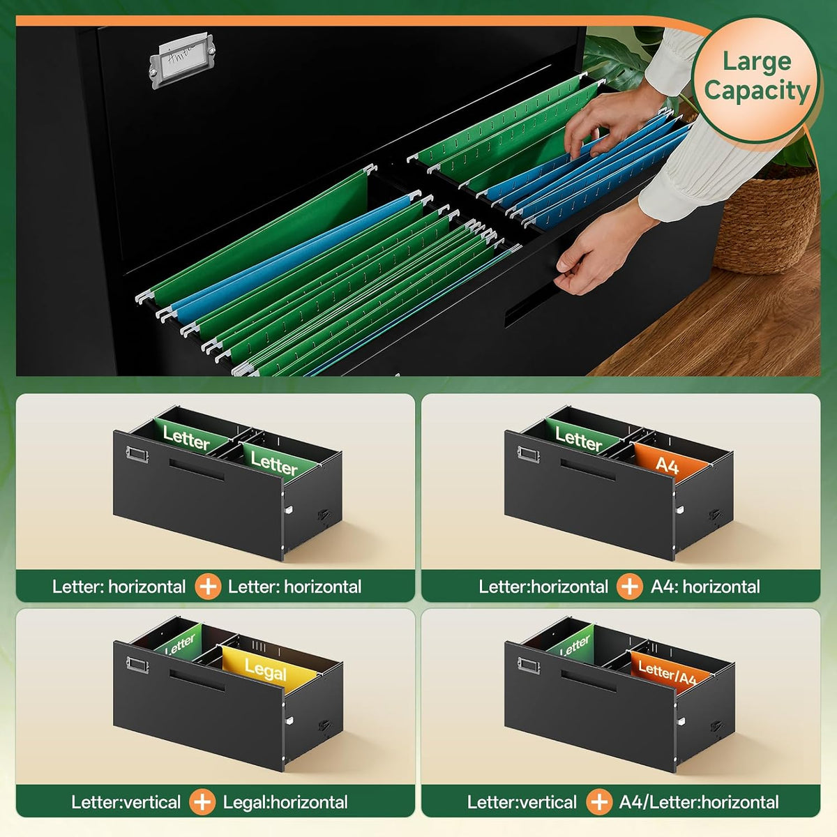 letaya 3 drawer file cabinets with lock,metal lateral showing dimensions