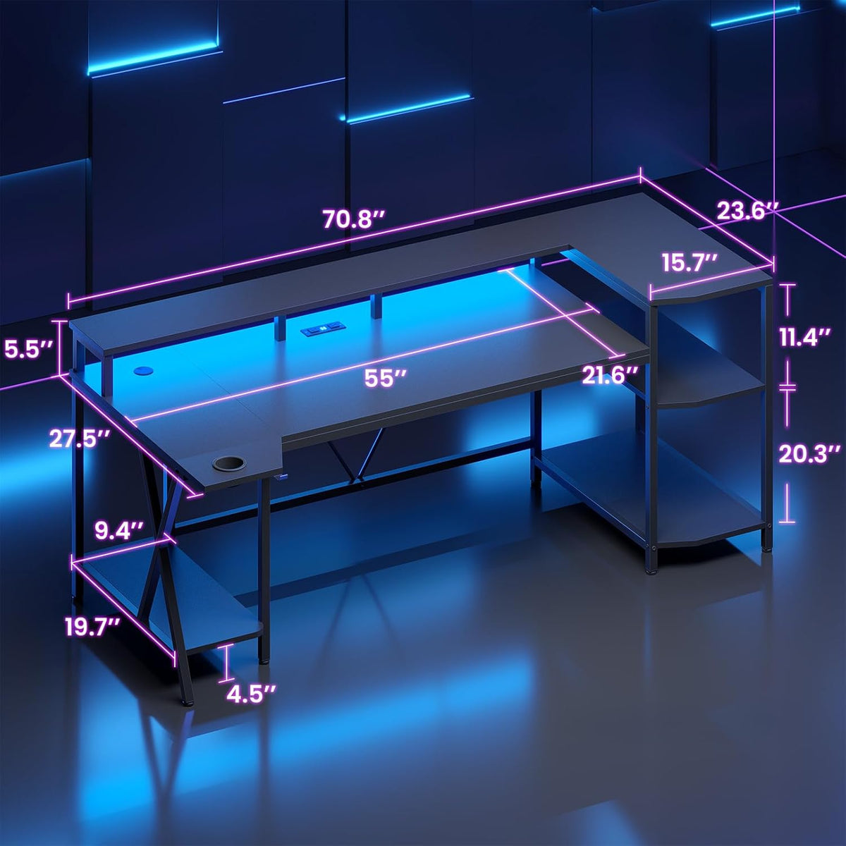 SEDETA Gaming Desk 70.8'' with LED Lights, Storage Shelves,Power Outlets