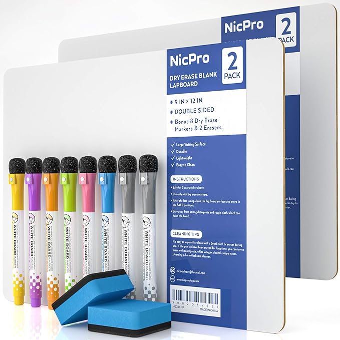 Nicpro Dry Erase Lap Board 9 x 12 inches 2 Pack Double Sided Blank Small by Nicpro