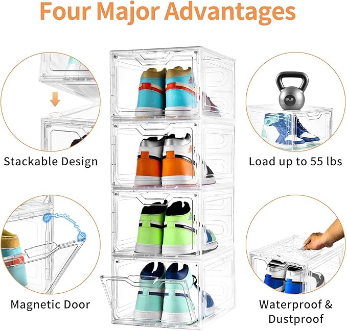 10 Pack Large Shoe Boxes Clear Plastic Stackable, Shoe Storage Organizer - Image 4