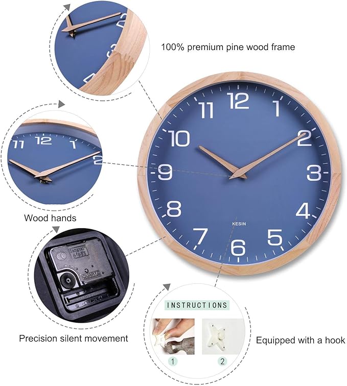 Kesin Wall Clock 12 Inch Silent Non Ticking Wood Wall Clocks Battery Operated - Image 3
