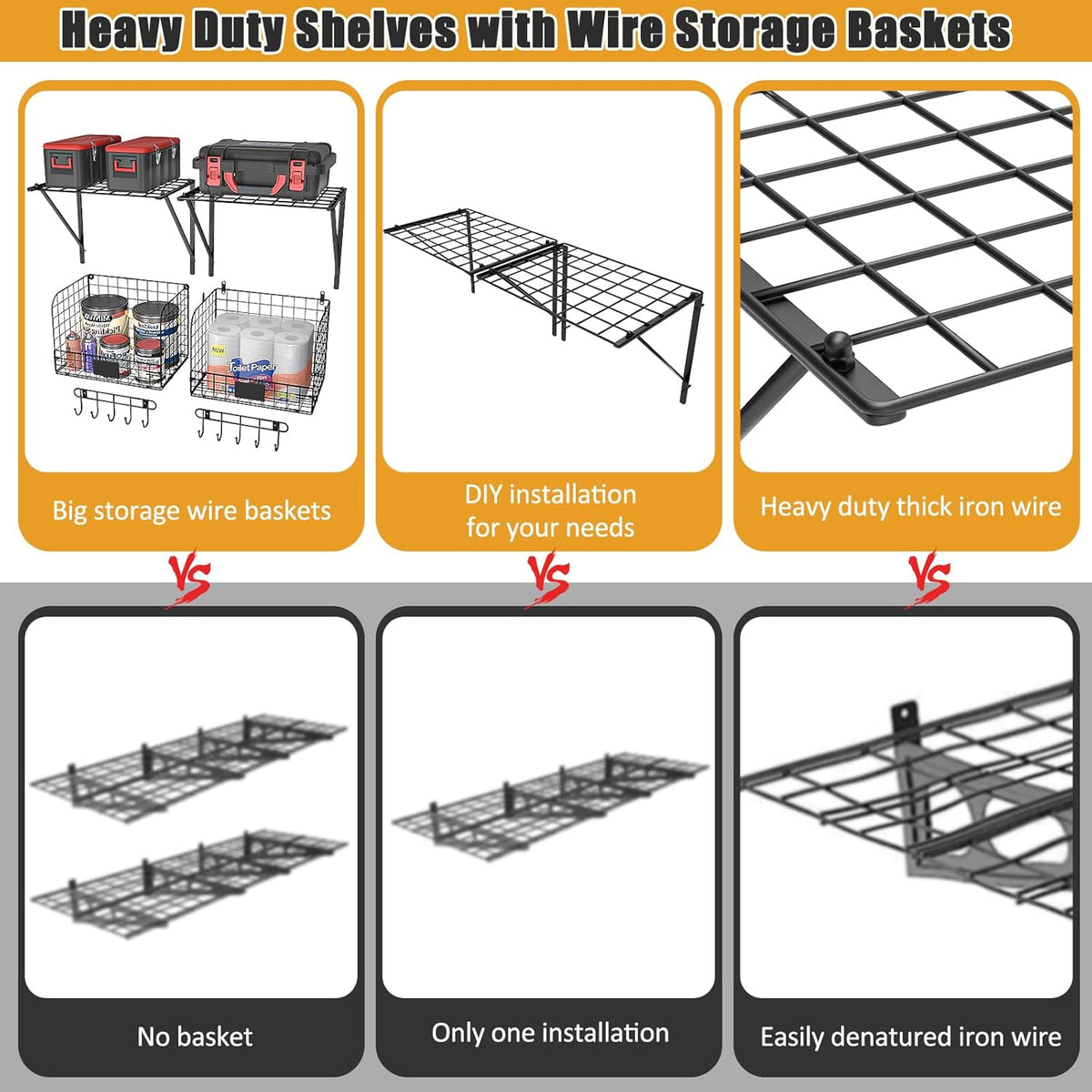 threehio 2 pack garage shelves wall mounted with, front angle view