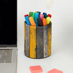 Leather Pen Holder for Desk Yellow Grey Gradient Wood Planks Pattern Pencil Cup - Image 5