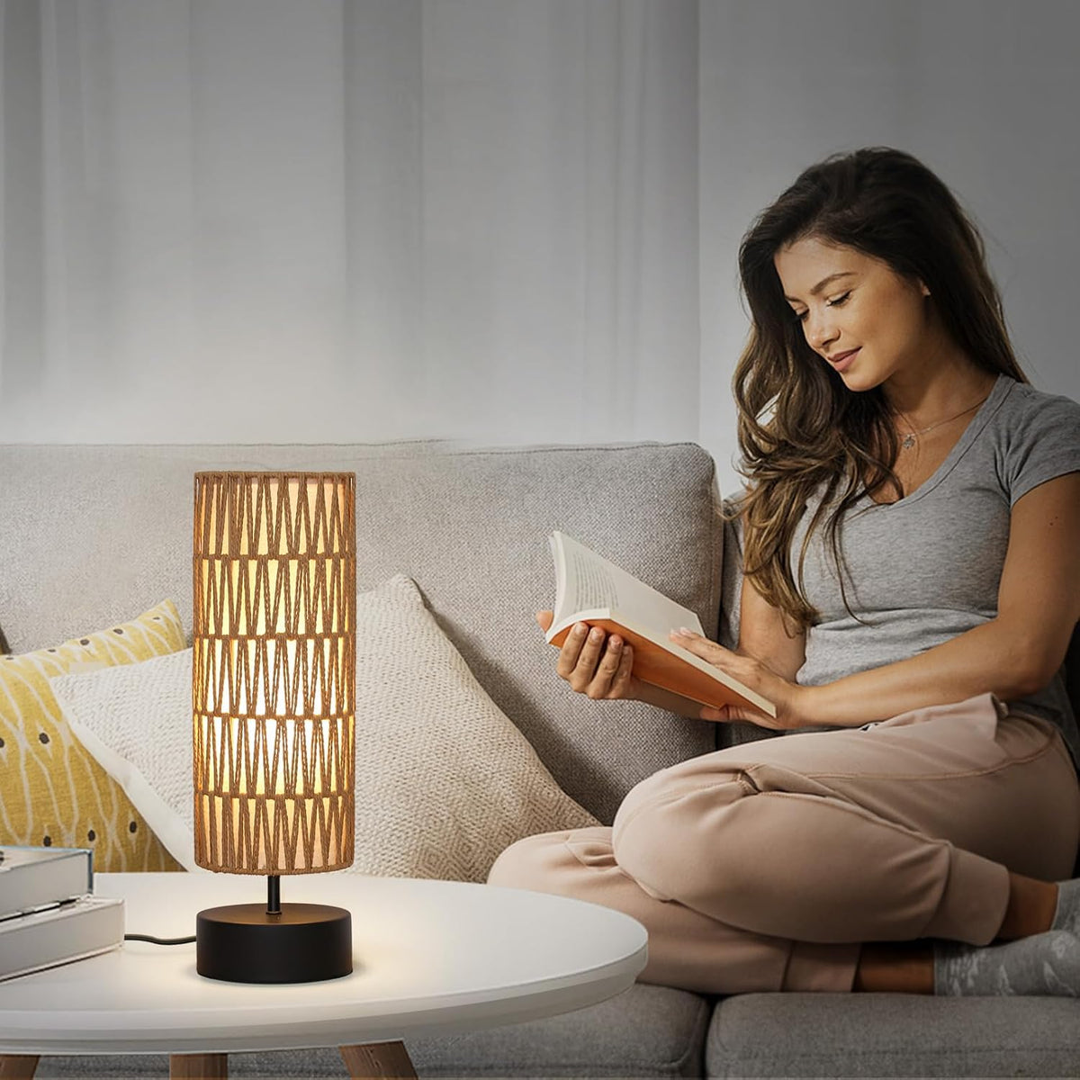 Rattan Table Lamp, Touch Control Bedside Table Lamp with Black Base, 3 Way Di...