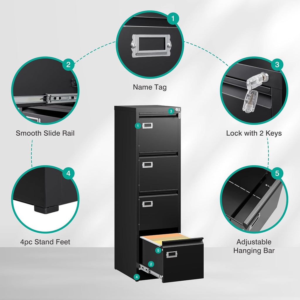 sisesol 4 drawer file cabinet with lock and showing dimensions