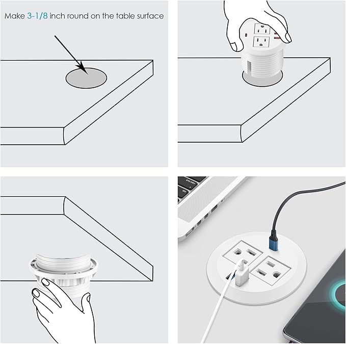 3-inch Desktop Power Grommet, Max 65W USB C Charger, 2 Outlets and 3 USB - Image 7