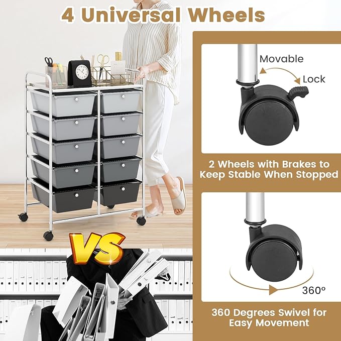 HAPPYGRILL 10-Drawer Rolling Storage Cart, Storage Organizer Cart - Image 5
