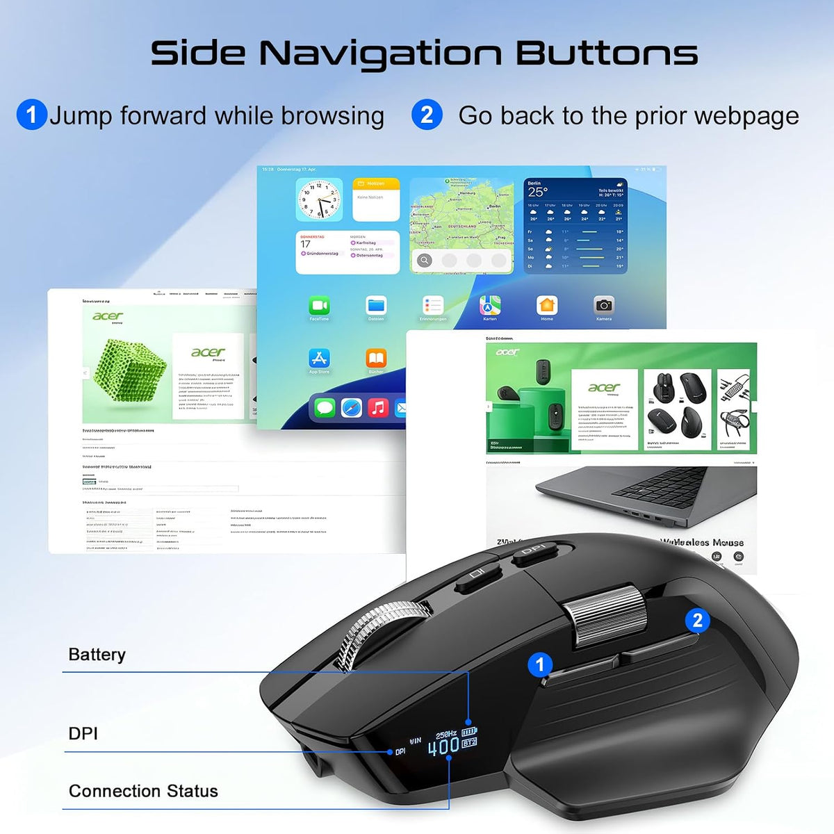 SIBEITU Wireless Bluetooth Mouse, 2.4 Ghz Ergonomic Mouse with OLED Display