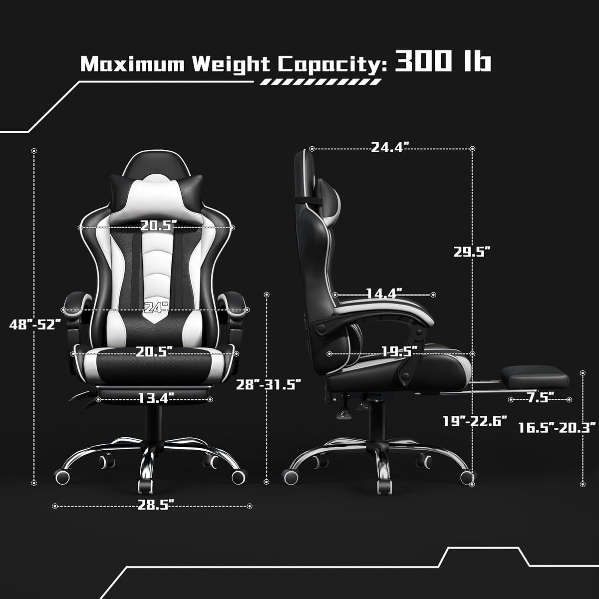 Yaheetech Gaming Chair with Footrest Massage Lumbar Pillow Black and White
