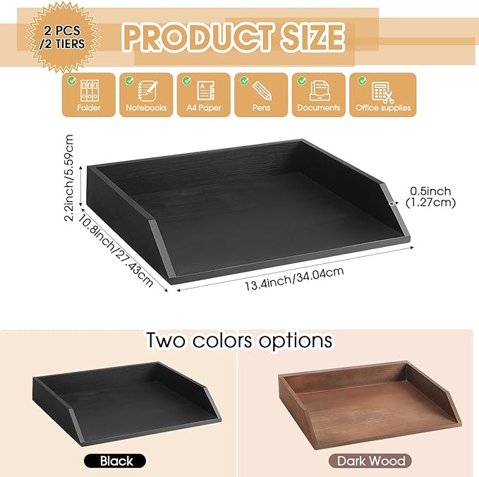 Beeveer 2 Pcs Wooden Letter Trays Wood Letter-Size Desk Organizer Heavy Duty 2 - Image 2