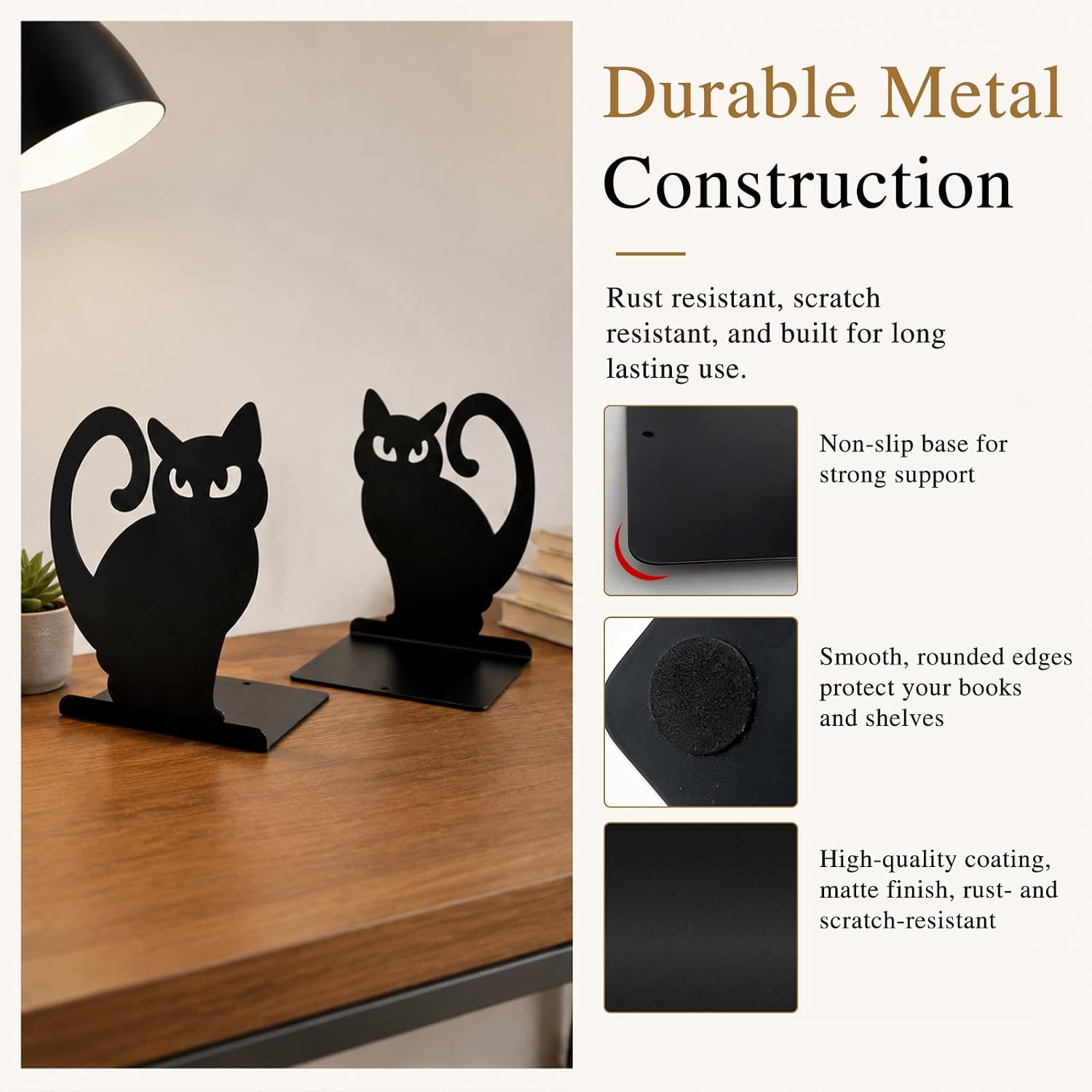 Black Cat Metal Bookends Set of 4 for Shelves, Decorative Book Ends Heavy Duty Non Slip Book Holder for Bookshelf Home Office Desk Decor, Cute Gothic Bookends for Cat Lovers Readers