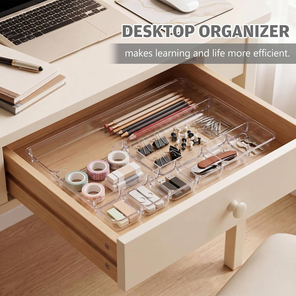 Junkin 4 Pcs Desk Drawer Organizer Tray 14" x 9" x 1",Clear